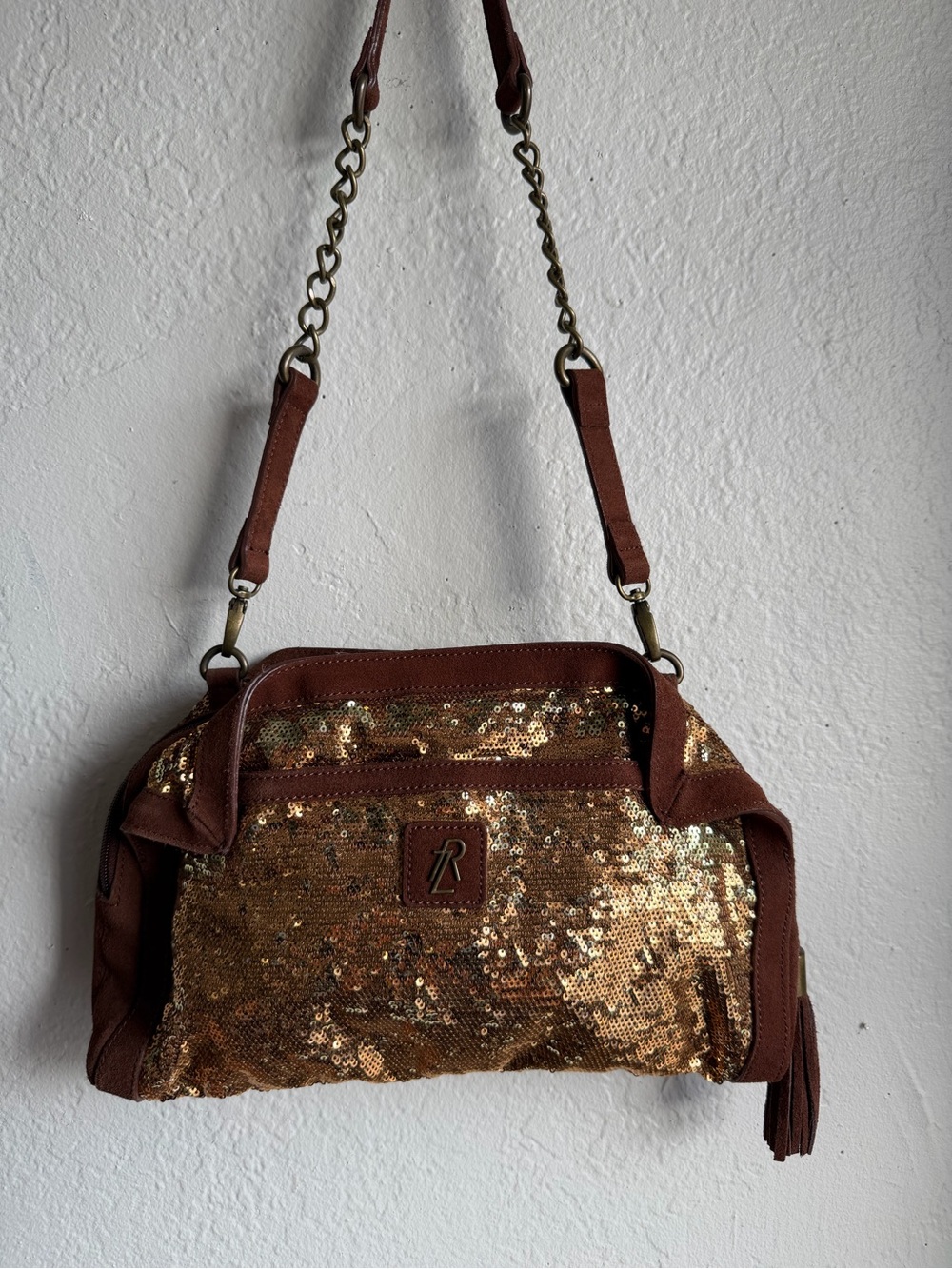 Rachel Zoe Vintage Gold Sequin Bagette Shoulder Bag Brown Suede